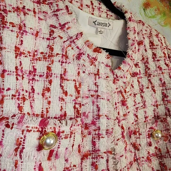 Nanette Lepore Women's Tweed Jacket Pearl Button Accents Fringe Details Size 6 - Picture 3 of 11